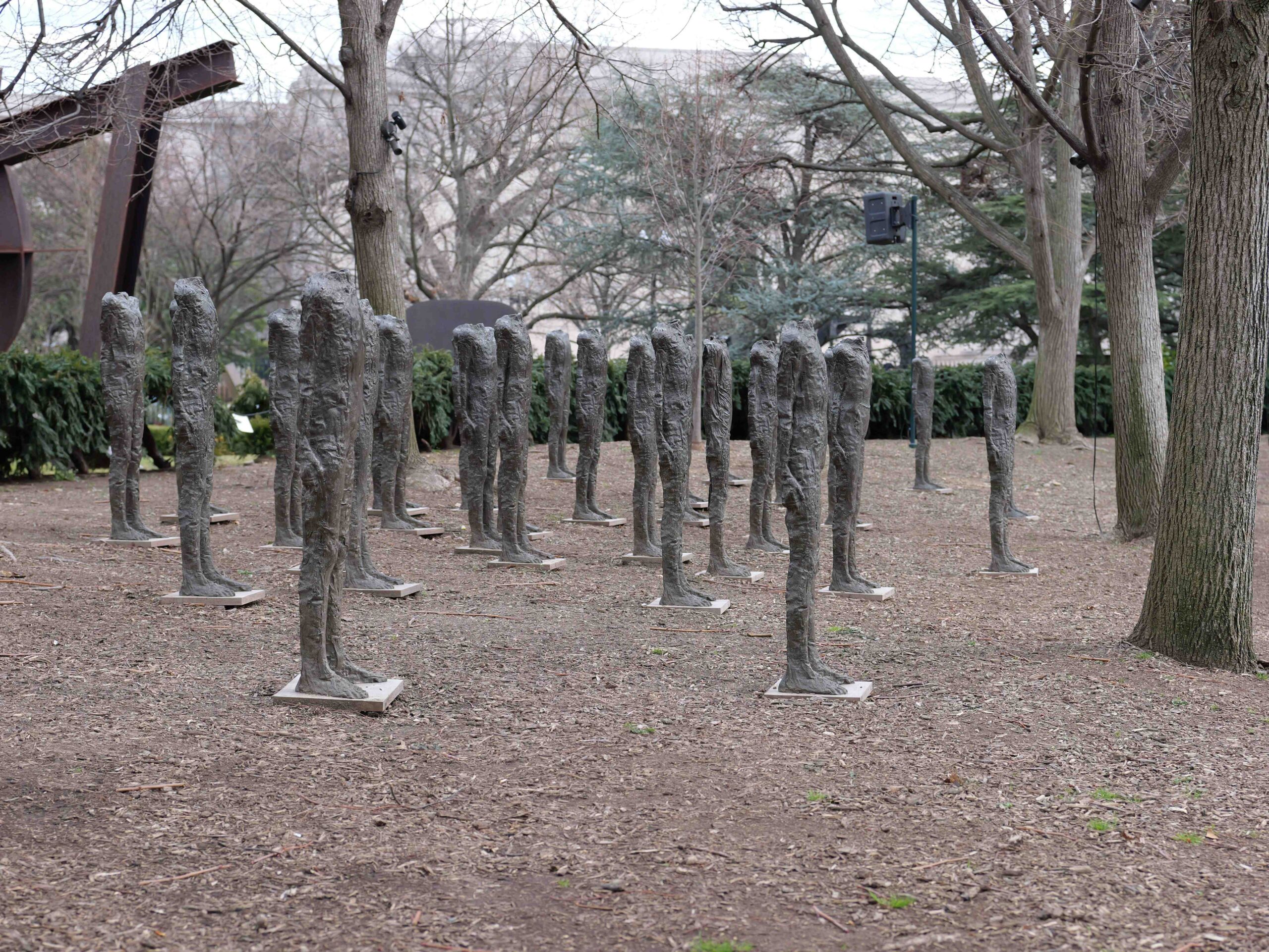 The photo is from the National Gallery Sculpture Garden, a piece called Puellae by Magdalena Abakanowicz Rows of headless human figures on a bare patch of earth. The statues are about 1.3m tall and grey in color